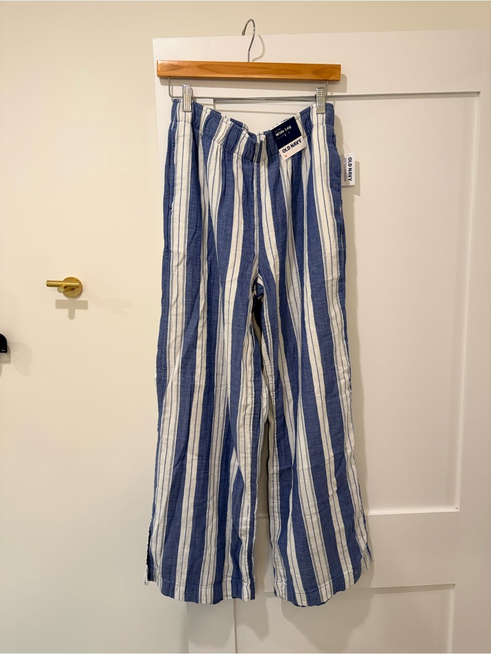 NWT Old Navy Wide Leg Linen Split Leg Striped White and Blue Pants